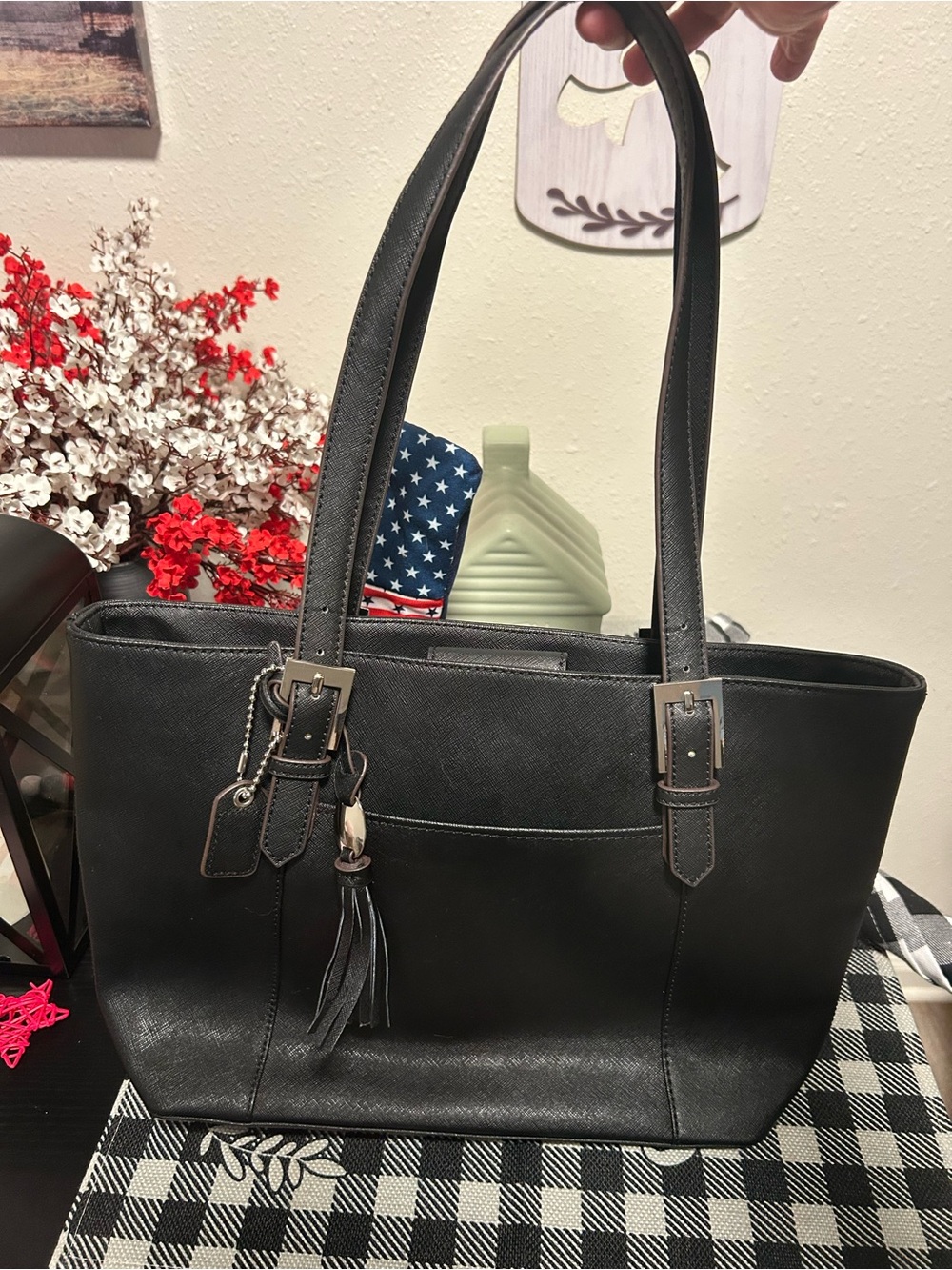 Clarks Black Genuine Leather Tote with Tassel Charm and Hangtag
